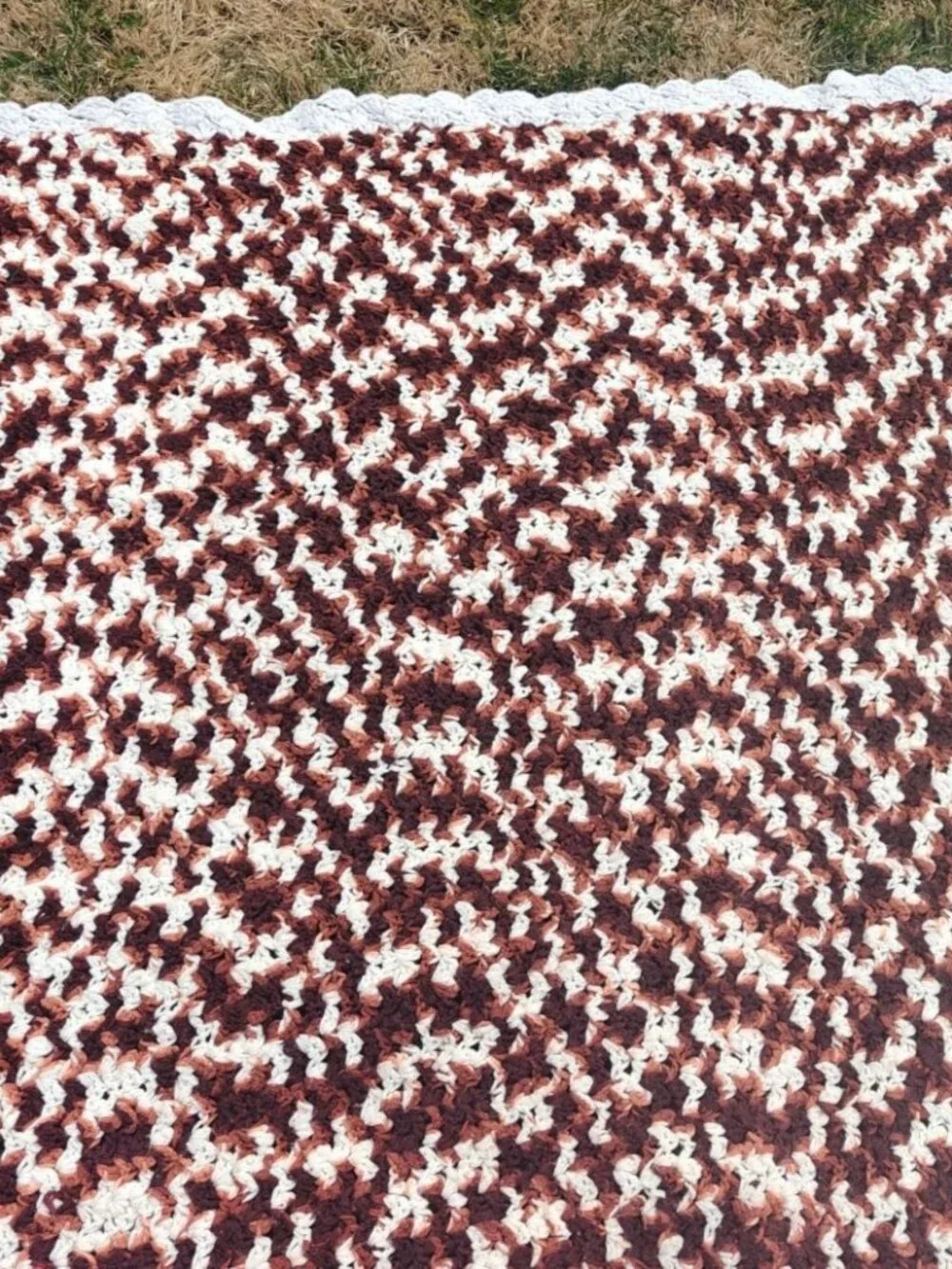 Vintage Hand-Crocheted Acrylic Throw Blanket Brown/White Pattern Rectangular